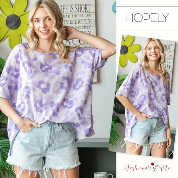 HOPELY Printed Waffle Round Neck Short Sleeves Oversized T-Shirt | Lavender - Picture 1 of 6
